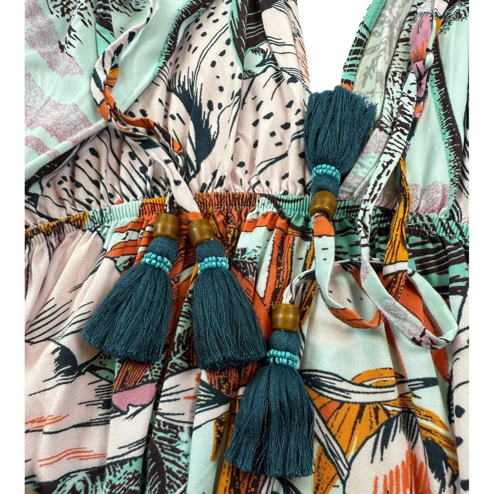 Maaji Dress Womens Large Tropical Maxi Boho Tassel Tie V Neck Beach Cover Up‎ - Picture 3 of 12